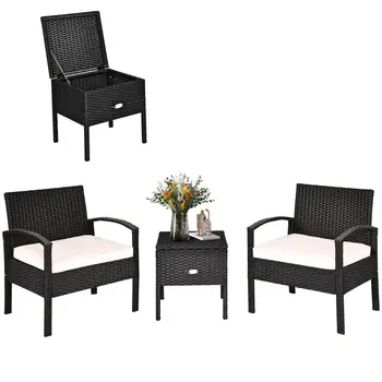 Patiojoy 3 бр. Комплект Мебели от ратан за patio Таблица за Съхранение на Мек диван Черно HW63757WH