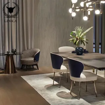 Лесен луксозна маса за хранене от масивно дърво в италиански стил с правоъгълна форма 2,2 метра, модерен минималистичен маса за хранене и стол в комбинация