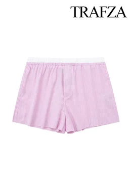 TRAFZA, дамски летни модерен шик шорти 2023, розови райета къси панталони с еластичен ластик на талията и копчета, Дамски ежедневни свободни шорти