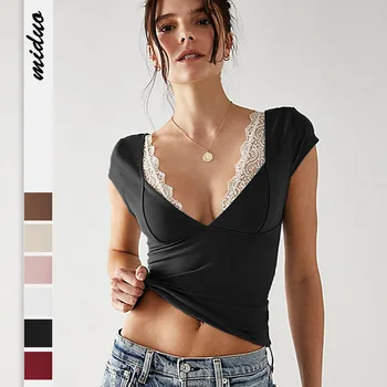 Дамски универсална тениска 2023 Y2k Slim Fit, Секси Пикантен Топ за момичета, впитывающий влагата, с V-образно деколте, однотонная