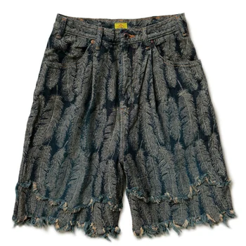 Ежедневни панталони в Ретро стил, изработени от деним, с кичури пера, Мъжки и женски директни дънкови шорти