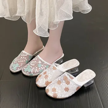Дамски сандали с цвете мрежа, лято 2023, нов стил, връхни дрехи Baotou, модни дамски чехли в приказен стил