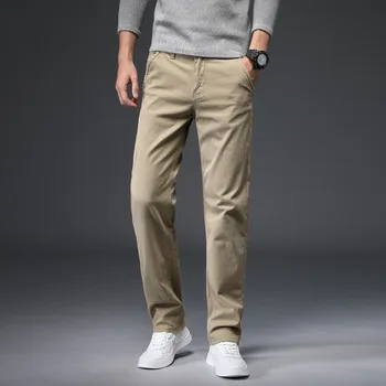 3 цвята, Пролет-лято-есен, Нови модни директни мъжки ежедневни панталони 97% Памук, 3% ликра, мъжки панталони цвят Каки, по-големи размери от 40