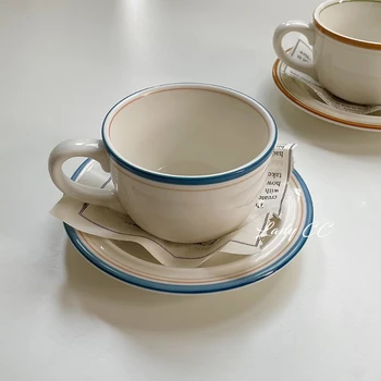 LadyCC Реколта чаша с цветен намотка, Керамични Кафеена чаша и чиния, комплект керамични чаши за Лате