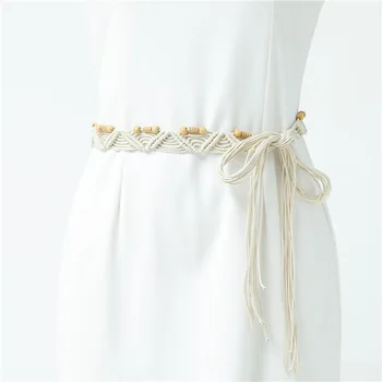 Бохемски Ретро Тъкани Етнически стил, Тънък колан, Дамски верига на кръста, Декоративно рокля с бели мъниста, ръчно изработени, екстремни сигурност cinturon