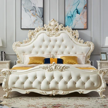 Луксозна двойно легло Queen Size, Сладък модерно легло за спалня в салона, Бели Мебели за спалня от естествена кожа Letto Matrimoniale