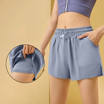 Дамски двуслойни къси панталони Летни еластичен колан с блестяща катарама, джоб със странична цепка, къси панталони за фитнес, джогинг, йога