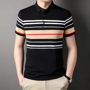 Модната марка мъжка риза с къси ръкави от 95% памук, черна раирана лятна широки дрехи, Градинска облекло в корейски стил, тениска на по-високо качество