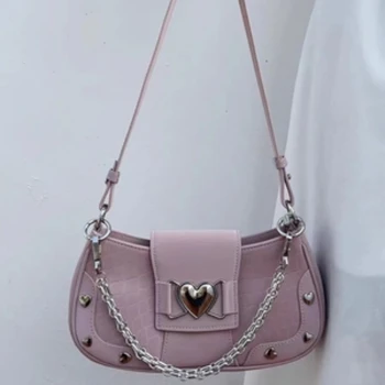 Красиви Дамски чанти на рамо с нитове, Розова модни дамски малка чанта през рамо с веригата, Дамски чанти, изкуствена кожа, портфейл