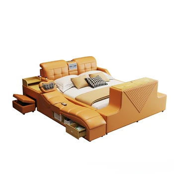 MINGDIBAO Ultimate Bed - Технологичная Умна легло от естествена кожа, Мултифункционален рамка на легло, Масаж, Високоговорител, за пречистване на въздуха и сейф