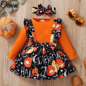Ceeniu/ Облекло за Хелоуин за малки момичета 0-18 м, Оранжев гащеризон + къдри, рокля на подтяжках с надпис 