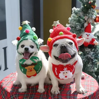 Коледен костюм за кучета, Шапка и лигавник, Комплект Зимни Топли дрехи за малки кучета, Котки, Шапка на Дядо Коледа, Коледен подарък за Кучета, Коледна шапка