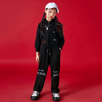 Детски костюм за джаз танци, Облекла за изказвания в стил хип-хоп, Черна риза, Панталони, Костюм за момичета, Модерен костюми за момчетата, с костюм Kpop BL10075
