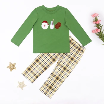 Готови за изпращане на коледни костюми за момчета, от 1 до 8 години, зелени отгоре и панталони цвят Каки, костюм от две части, комплект от чист памук, с анимационни бродерия на Дядо Коледа