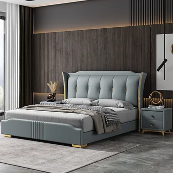 Модерен минималистичен технология за съхранение на тъкани двойно легло, европейски стил, лека луксозна кожена художествена легло, кожено легло, двойно легло 1,8 м