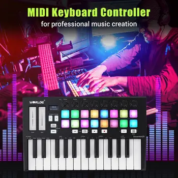 Портативен контролер USB MIDI клавиатура с 25 клавиша и 16 пусковыми площадки с осветление RGB, 8 назначени дръжки за управление