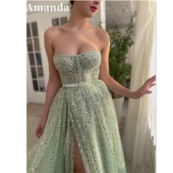 Вечерна рокля Аманда с пайети, Блестяща рокля за бала, без презрамки 2023, Секси рокля трапецовидна форма, Зелена рокля за абитуриентски бал с цепка отстрани, расшитое пайети