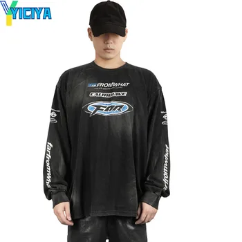 Тениска YICIYA y2k racing, черен зимен корейски модерен съкратен топ, дамски тениски с дълги ръкави, блузи, нови екипи, тениски 90-те години