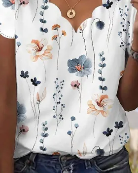 Тениска с флорални принтом и декорация във формата на раковина, Женствена тениска с V-образно деколте и цветя, Секси лятна пролет тениска, Тениски, блузи с къс ръкав