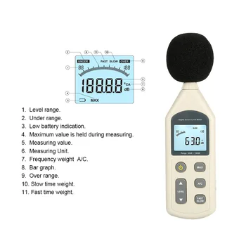 GM1357 Ръчно шумомер от 30 ~ 130dBA, децибеловый монитор, тестер за налягане, аудиоизмерительный цифров измерител на нивото на звука