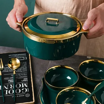 Зелен комплект керамични съдове за готвене съдове от дома на кръгла костен порцелан, прибори за хранене за супа купа за лъжици с капак домакински прибори за готвене