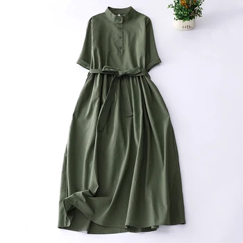 Лятното Ново Памучно семе и Лененото Армейское зелена Рокля с копчета в стил ретро, Секси Свободно дълга рокля