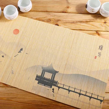 Китайски чай Дзен, Бамбук салфетка за маса, изолационен мат, Чаено кърпа с ръчно рисувани, подложки за чайника ръчно изработени