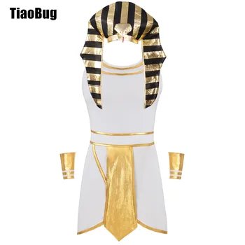 Мъжки костюм на Египетския фараон на Halloween, обличам контрастен цвят без ръкави с маншети и шапка със змийска глава за cosplay