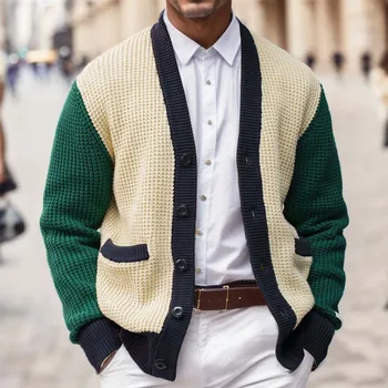 Мъжки гофрети, пуловер, Вязаный уличен пуловер, есенно-зимна жилетка копчета големи по размер Туника с дълги ръкави в тон
