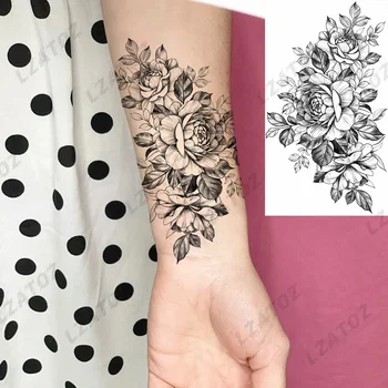 Секси временна татуировка във формата на Цвете божур За жени, Реалистична роза, пеперуда, Флора, Фалшива татуировка, стикер 