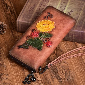 Жена портфейл от естествена кожа, в чантата на китката, удобна чанта, релефен мультикарточки с изображение на рози, Дамски дълги чанти-клатчи с цип