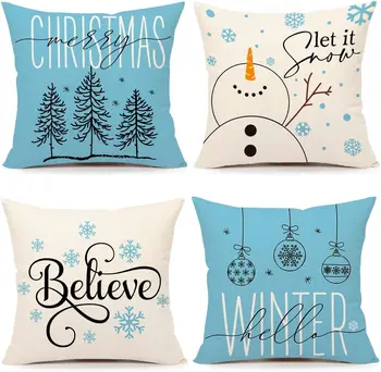 Светло синя Коледна калъфка за възглавница, декоративна калъфка за зимните празници, Декоративна калъфка за възглавница, подходяща за домашно дивана, Бельо калъфка