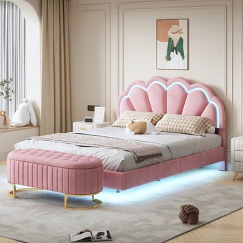 Спални слушалки от розово османското кадифе от 2 теми, живеейки led подсветка легло Queen-Size