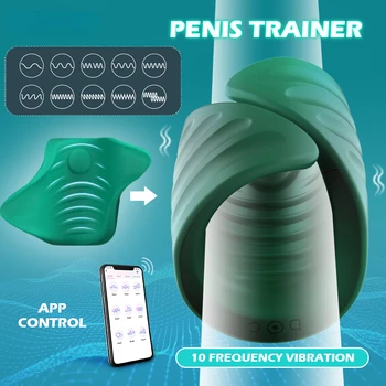 Bluetooth Вибратор за тренировка на пениса, Безжична приложение, Дистанционно мъжки Мастурбатор, Секс играчка За мъже, устройство за тренировки на главата на пениса с пръстен забавяне