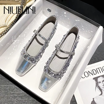 NIUFUNI/ Дамски обувки на плоска подметка с остри пайети и кристали, дамски обувки за банкет с катарама, Сребърна блестяща рокля, Дамски обувки-лодка Mary Jane