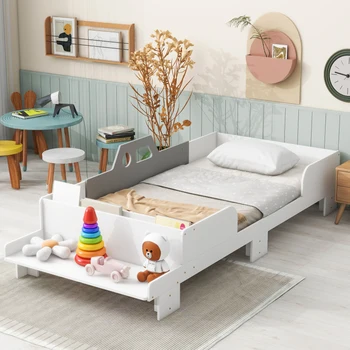 Двойно легло в формата на кола с пейка за вътрешни мебели, спални, бял