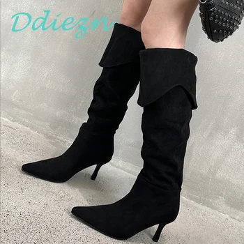 Дамски обувки, дамски ботуши над коляното в западен стил, есен 2023, модни черни обувки на 