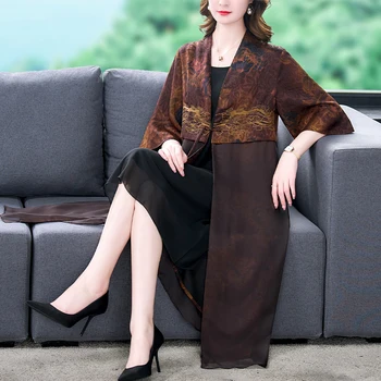Годишна жена коприна реколта ветровка с принтом 2023 г., палто с бродерия в китайски стил, Тънка пелерина със средна дължина, халат за баня