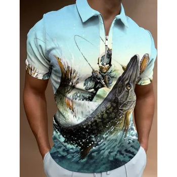Мъжка Риза с къси ръкави За Отдих на Морския Риболов, Мъжка Риза с 3D Принтом, Тениска с цип с къс ръкав, Летни Мъжки Ежедневни Облекла Копчета С Ревери