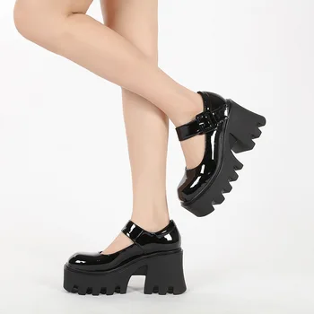 Дамски обувки Mary Jane на висок ток 2023, квадратен чучур, малък ръст, високи кожени обувки с дебела подметка, тънки дамски обувки