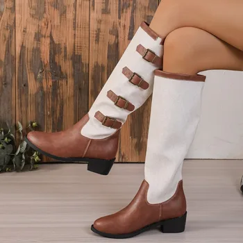 Дамски обувки 2023 г., Висококачествени дамски обувки с ръкав, Зимни ботуши с остри пръсти, разноцветни ботуши в западен стил на високо бочкообразном масивна ток