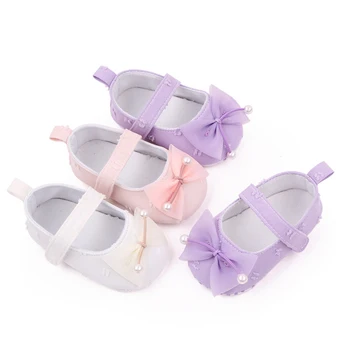 Обувки на плоска подметка с лък за малки момичета, мека нескользящая подметка, сватбената рокля на Принцеса, модел обувки за новородени деца 3-11 м