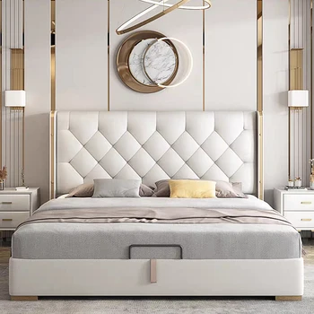 Луксозен комплект обзавеждане за спалня е в Италиански стил, Кожени, Модерни Легла, Двойно легло King Size, Дървено Легло за съхранение на неща с таблата
