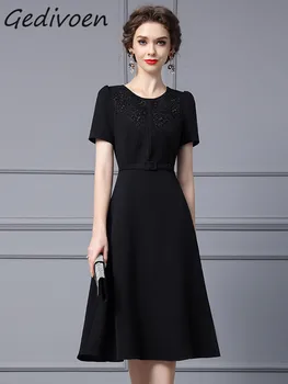 Gedivoen/ Лятно дизайнерско винтажное черна рокля с пищни ръкави, расшитое мъниста, колан, Вечерна рокля миди с висока талия и бродерия