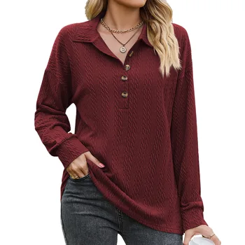 Тениска дамски 2023, в Есенно-зимната мода, Нови обикновена ежедневни блузи с ревера и копчета, с дълги ръкави, Свободни