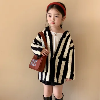 Детски пуловер 2023 г., Нов модерен есенен пуловер, за момичета в корейски стил, черно-бели вертикални ивици, пуловер с качулка с цип