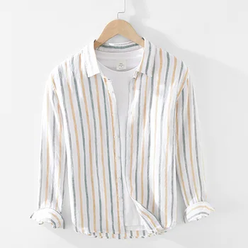 2023 Бельо риза райе с дълъг ръкав в стил мозайка за мъже, ежедневни, класически потник с отложным яка, мъжка риза с копчета голям размер