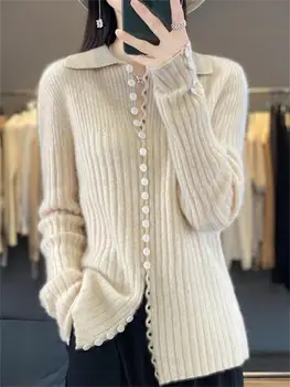 Нов Луксозен жена с жилетка, пуловер с отложным яка и копчета, трико от 100% мериносова вълна, есенно-зимни дамски дрехи, корейската мода