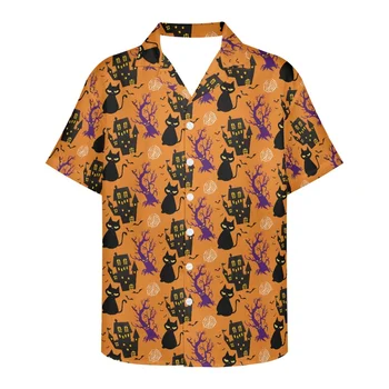 Hycool Мъжка риза с принтом котка, Готина парти за Хелоуин, хип-хоп, Хавайски Плаж, Къс ръкав, Мъжки дрехи оверсайз, Клубна облекло