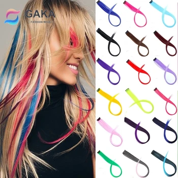 GAKA 22-Инчови цветни Гланцирана Синтетична коса За удължаване, с Преливащи се цветове Дълга права Коса, Дами, Деца, Момичета, Лилаво, Розово, синьо